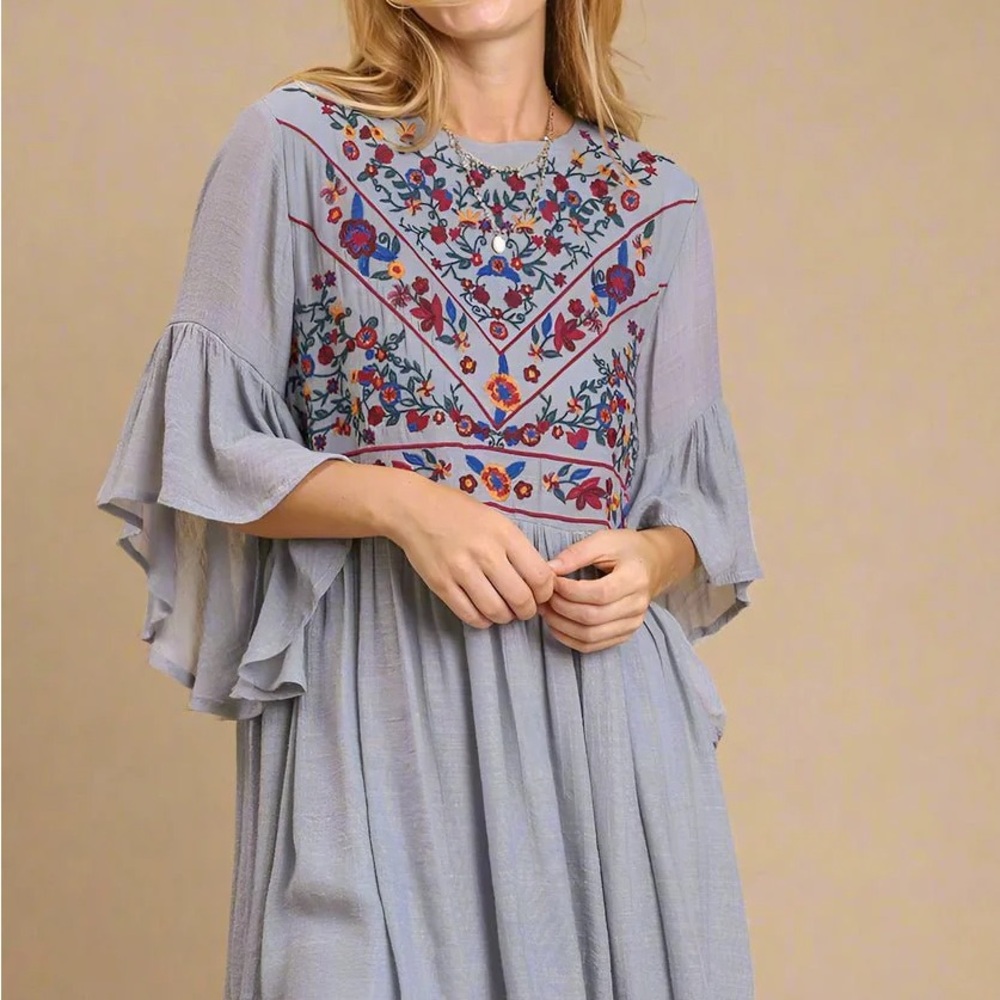 Floral Embroidered Dress with Bell Sleeves